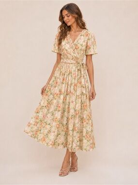 Ivy City Co Peach & Cream Floral Wrap Midi Dress Size 4